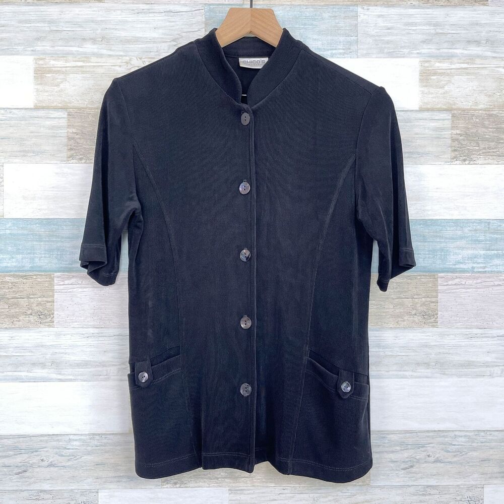 Chicos Travelers Short Sleeve Button Up Cardigan Black Pocket VTG Womens 0 Small